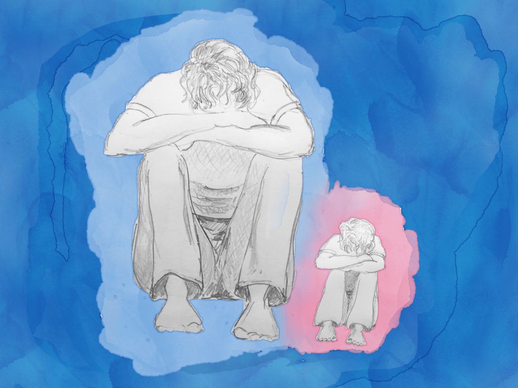 Pencil drawing of an adult human, male looking, sitting on the floor with legs bent close to their body, arms crossed on knees, and head resting on hands. Floppy shortish hair. Next to this figure, pencil drawing of a child in the same position and with the same outfit, which is jeans, a ring tee, and bare feet and arms. A sky-blue watercolor wash surrounds the two figures, a lighter blue wash surrounds the adult, a bubblegum pink watercolor wash surrounds the child.
