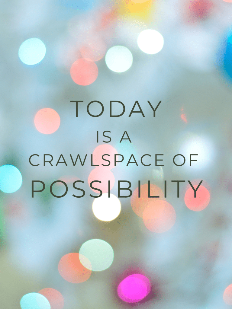 alt text: fuzzy image with blobs of color, superimposed sentence "Today is a crawlspace of possibility."