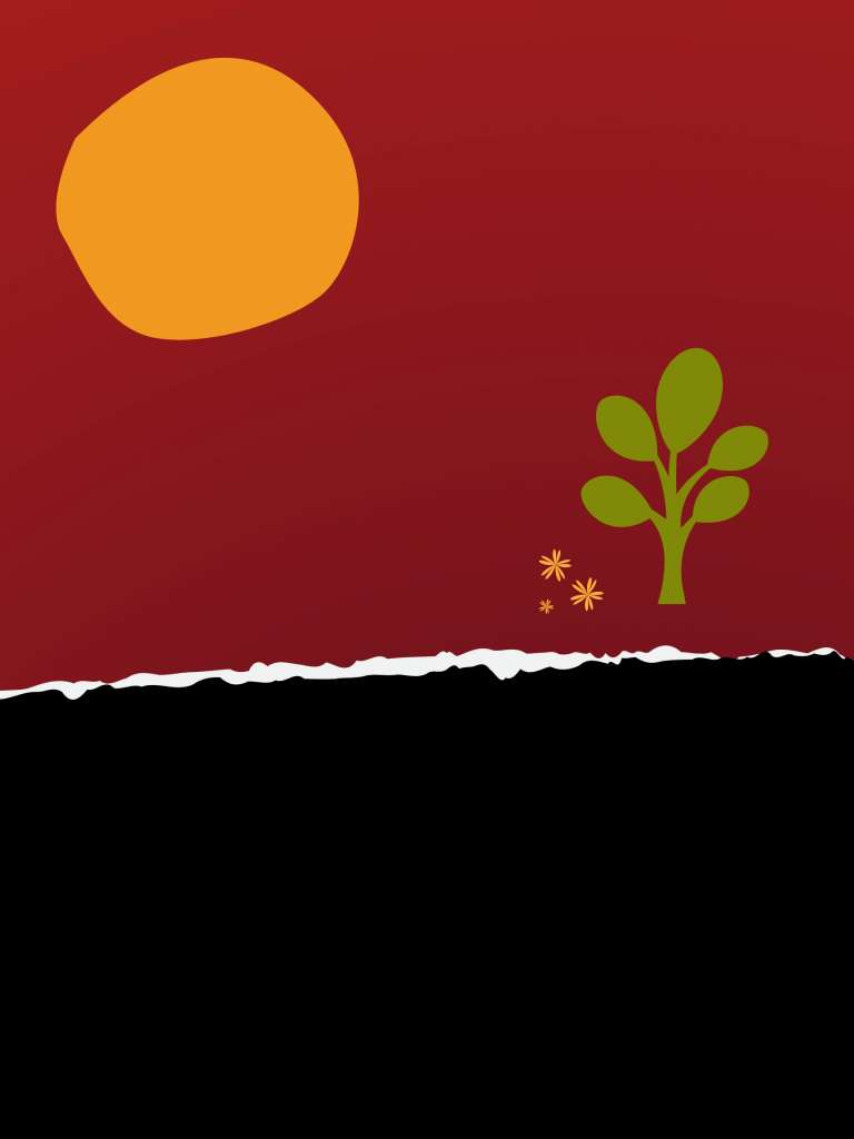 Black bottom half, maroon top half, with a stylized sun in the top left and a small stylized tree with tiny flowers on the right. 